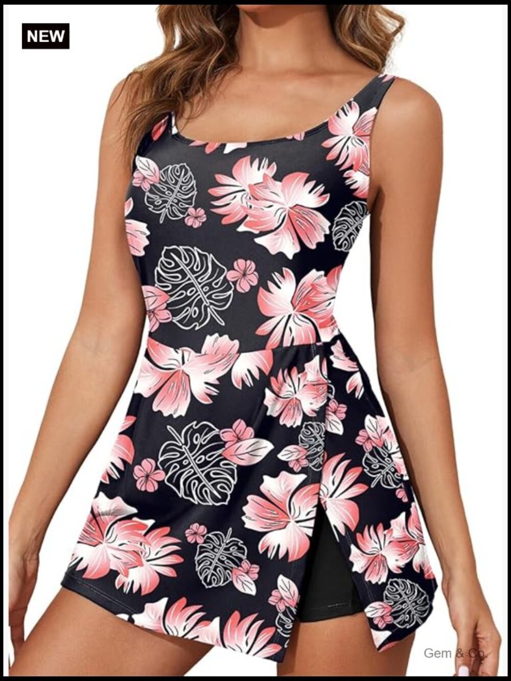 One Piece Swimdress Tummy Control Split Swim Skirt Bathing Suit with Pockets